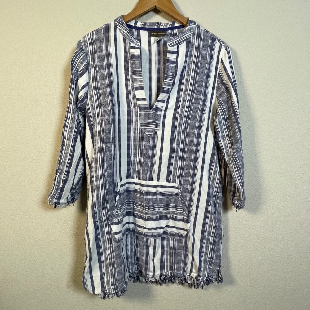 Tommy Bahama Cotton Striped Tunic Dress Large Blue White Fringed Beach Coastal